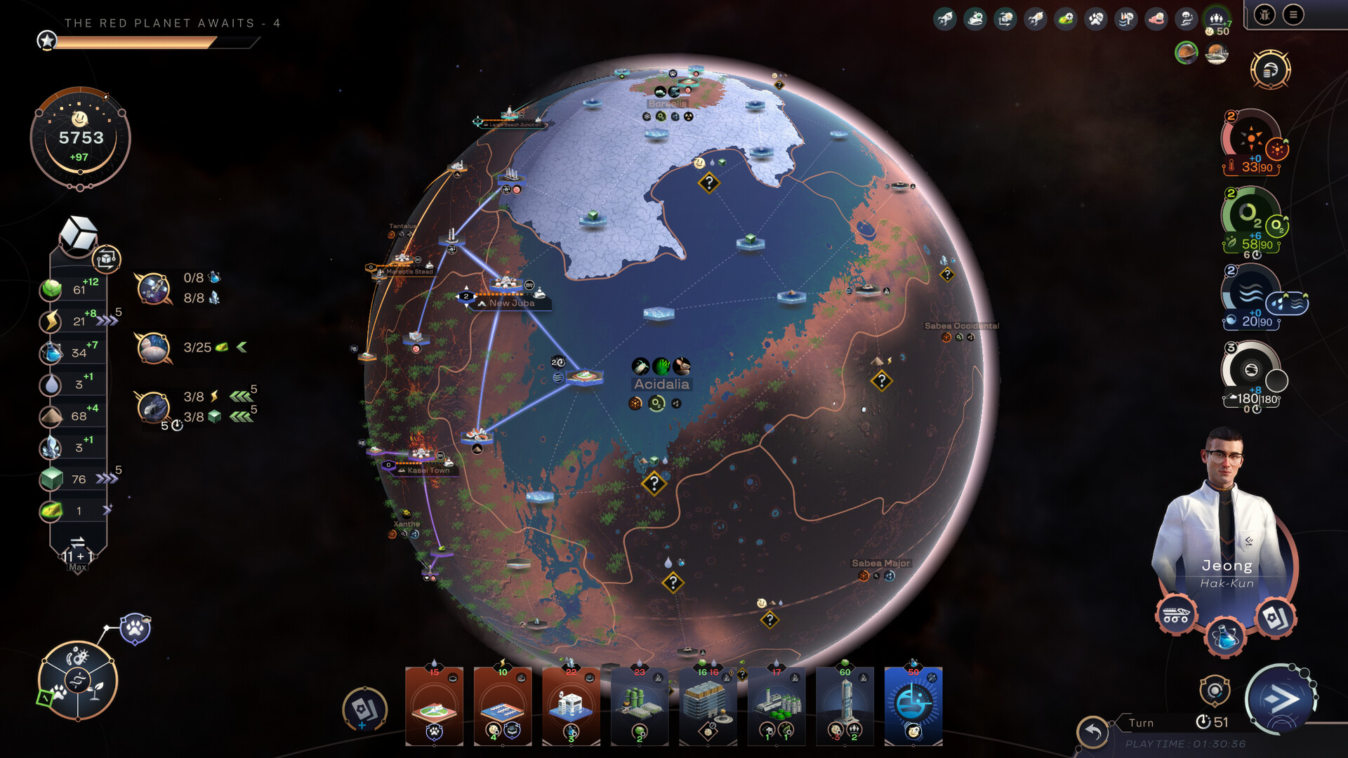 Terraformers фокусируется на картах, ресурсах, городах и постепенном изменении условий на Марсе