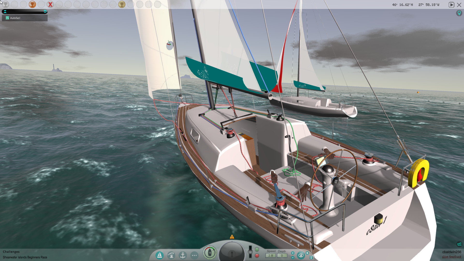 eSail Sailing Simulator показывает яхту и управление парусами
